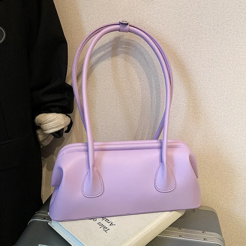 

2025 New Purple Women‘s Shoulder Bag Simple Ladies Commute Tote Pu Leather Underarm Bag Chic Large Capacity Handbag Armpit Purse