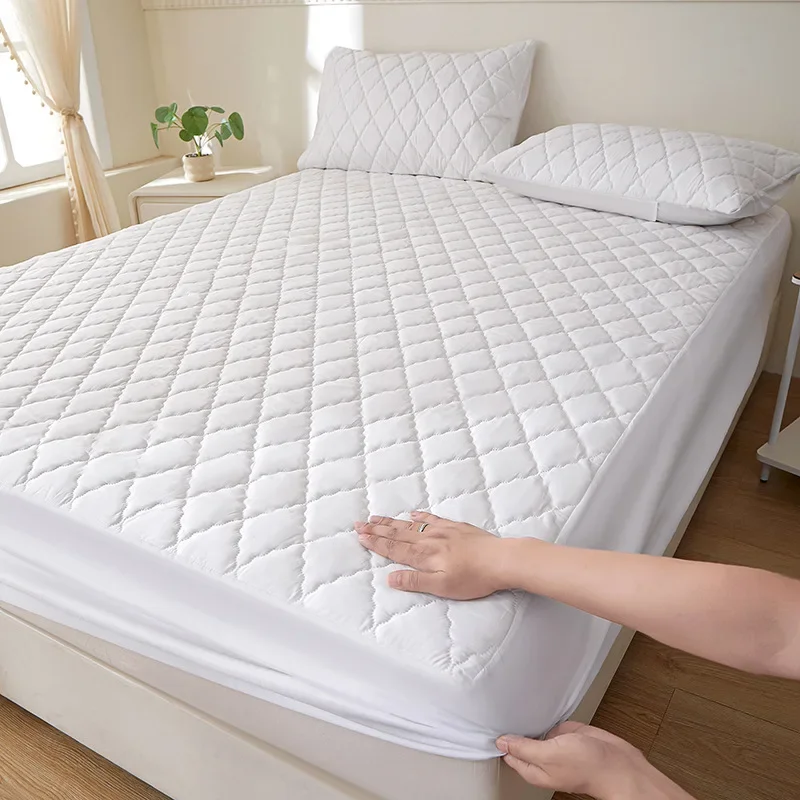 Diamond Grid Washed Cotton Waterproof Bed Cover Solid Color Minimalist Mattress Protective Cover Fully Wrapped Elastic Bed Sheet
