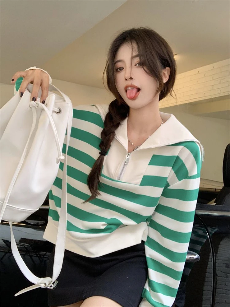 Striped Baggy Sweatshirts Women Sailor Collar Harajuku All-match Casual Clothing Autumn 4XL New Long Sleeve Korean Style Chic