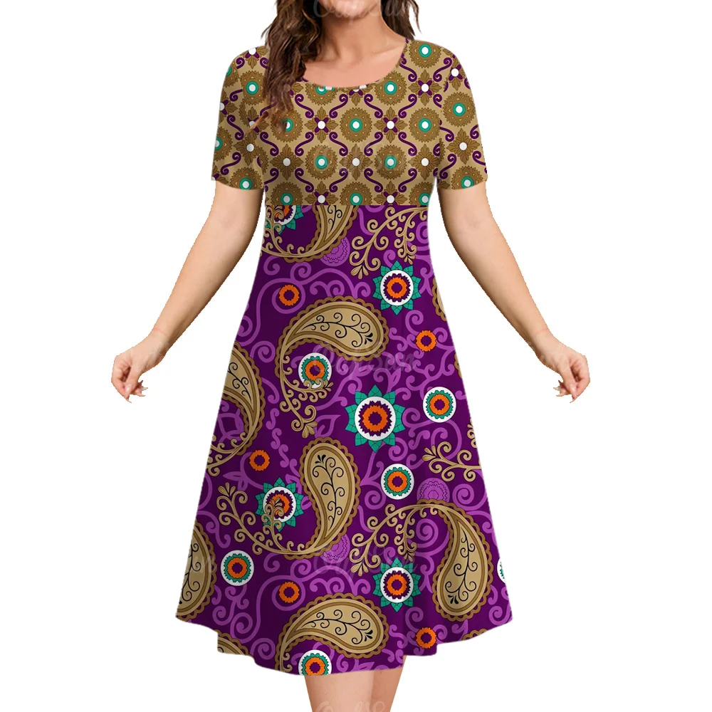 Kwiatowa sukienka Paisley letnia z krótkim rękawem luźna sukienka trapezowa damska wokół szyi 3D nadruk wzór Vintage Casual Sundress sukienka