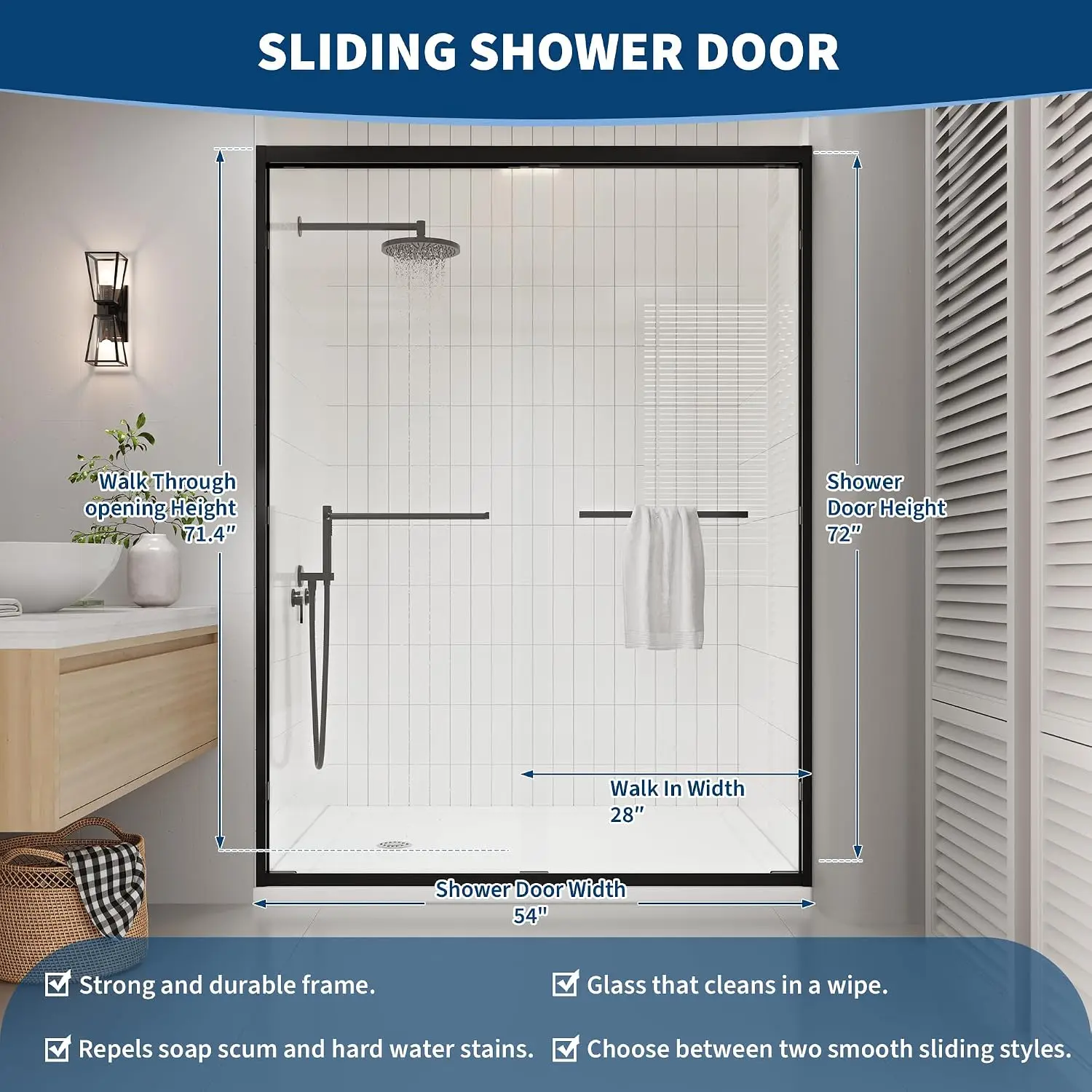 50-54 in. w x 72 in. h Semi-Frameless Double Sliding Shower Door, Clear Tempered Glass, Matte Black Frame for Walk-in Shower, Sp