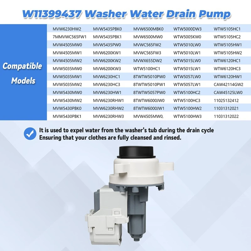 W11399437 Washing Machine Water Drain Pump Compatible For Maytag Whirlpool Kenmore Crosley Washer Replace Part