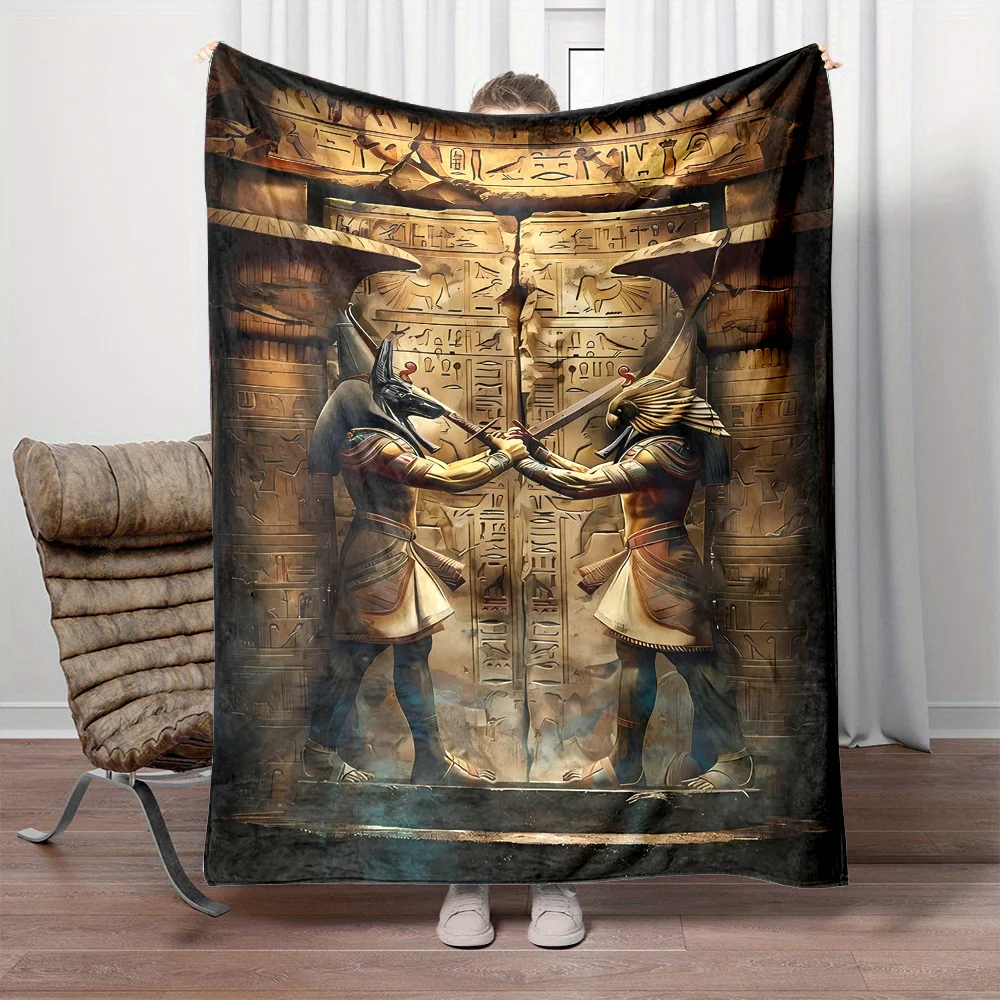 Vintage Egypt Gods Anubis vs Horus Hieroglyph Pattern Flannel Fleece Blanket Warm Plush Bed Throw for Living Room Office Travel