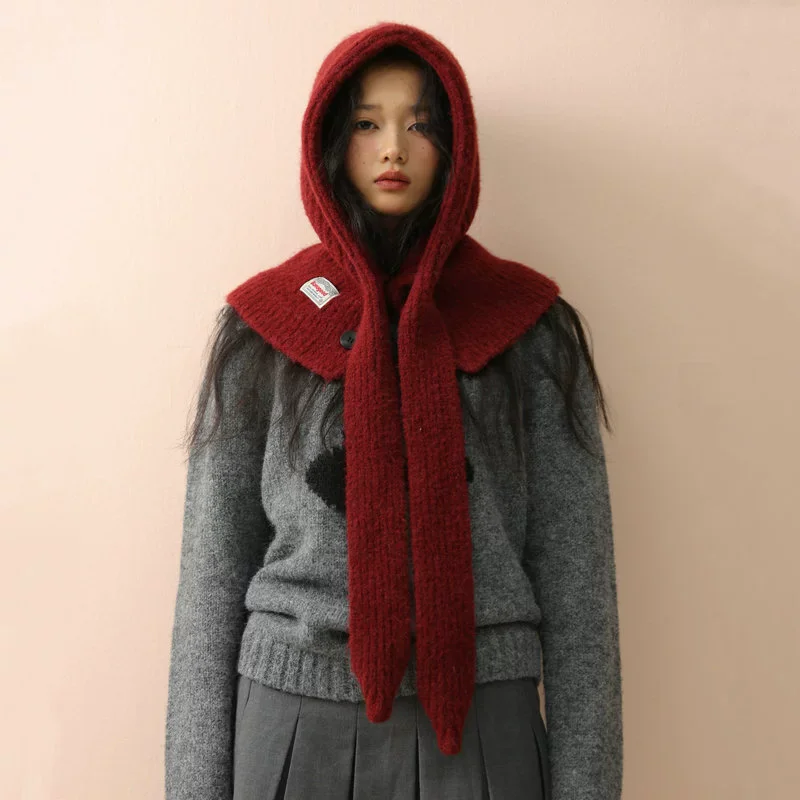 2026 Korean Knitted Balaclava Hat Women's Winter Warm Scarf Integrated Hooded Scarf Knitted Wool Beanie Cap