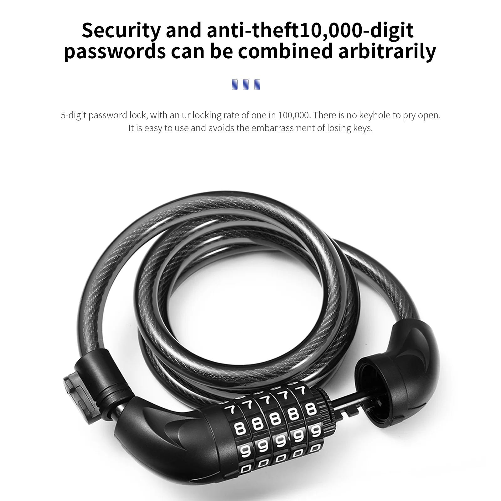 TOSUOD Anti‑Theft Bike Lock Waterproof Thick Steel Cable 4/5 Digit Combination Password With Mount Bracket for MTB Road E‑Bike