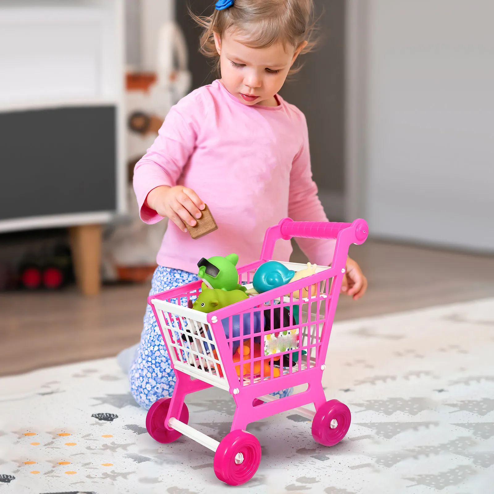 Children Shopping Cart Pink Realistic Simulation Smooth Grip Pretend Play Grocery Basket Development Storage for Kids