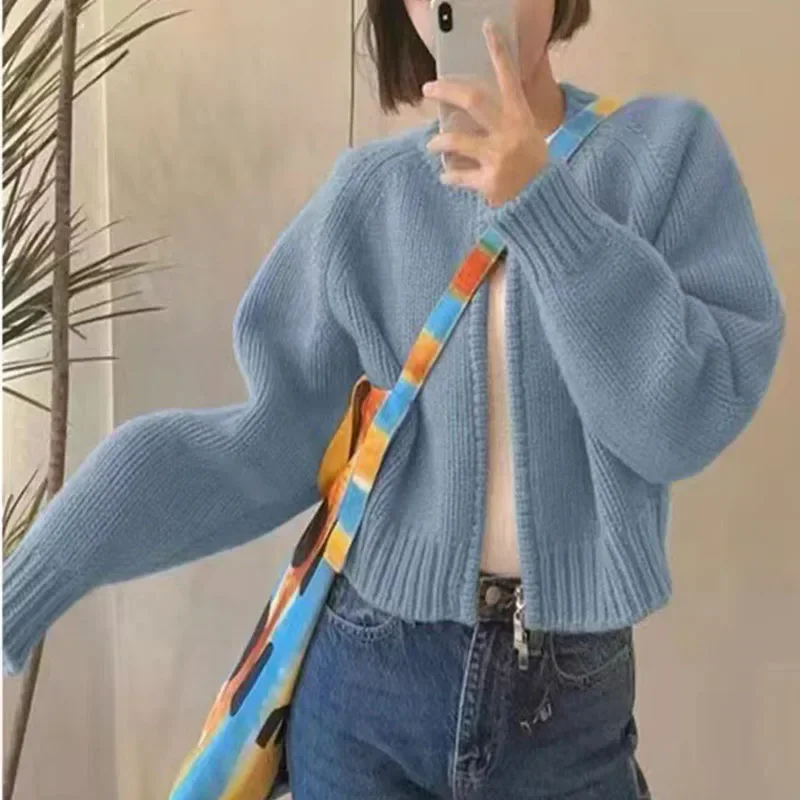 Women Knitted Sweaters Solid Color Autumn Winter Female Zipper Knitwear Loose Long Sleeve Cardigan Korean Style Chic Outerwear