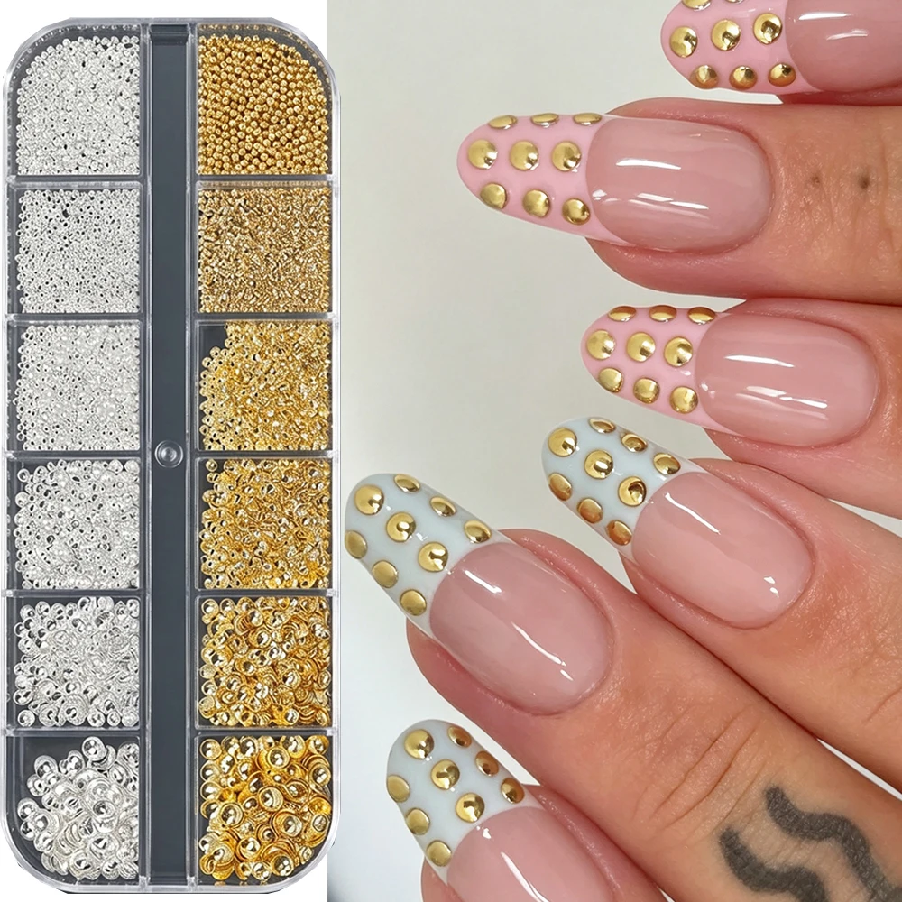 12Grids 3D Half Round Dome Nail Rivets Luxury Gold Silver Multi‑Size Flat‑Back Metal Studs Nail Charms For DIY Manicure Nail Dec