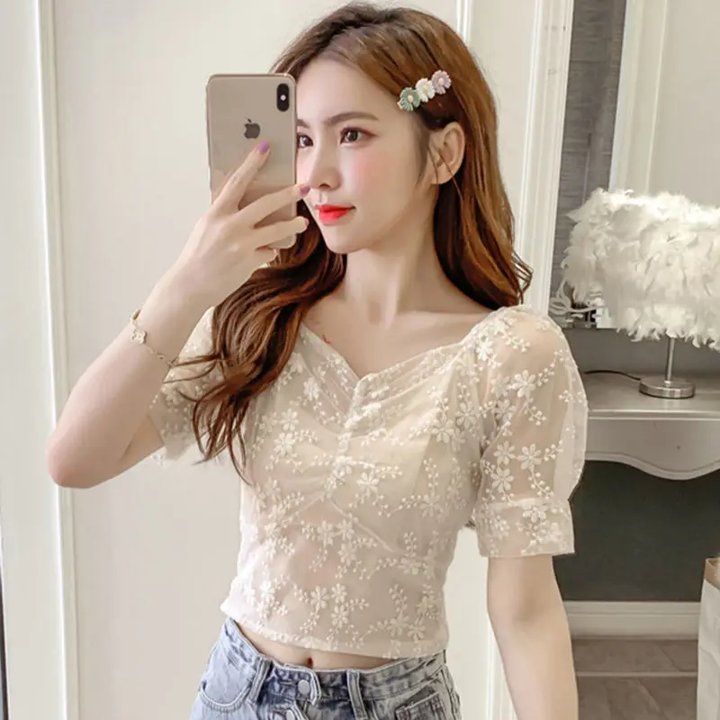 Embroidered Lace Shirt for Women 2025 Summer New Slim Fit Short Mesh Puff Sleeve One-shoulder Chiffon Top