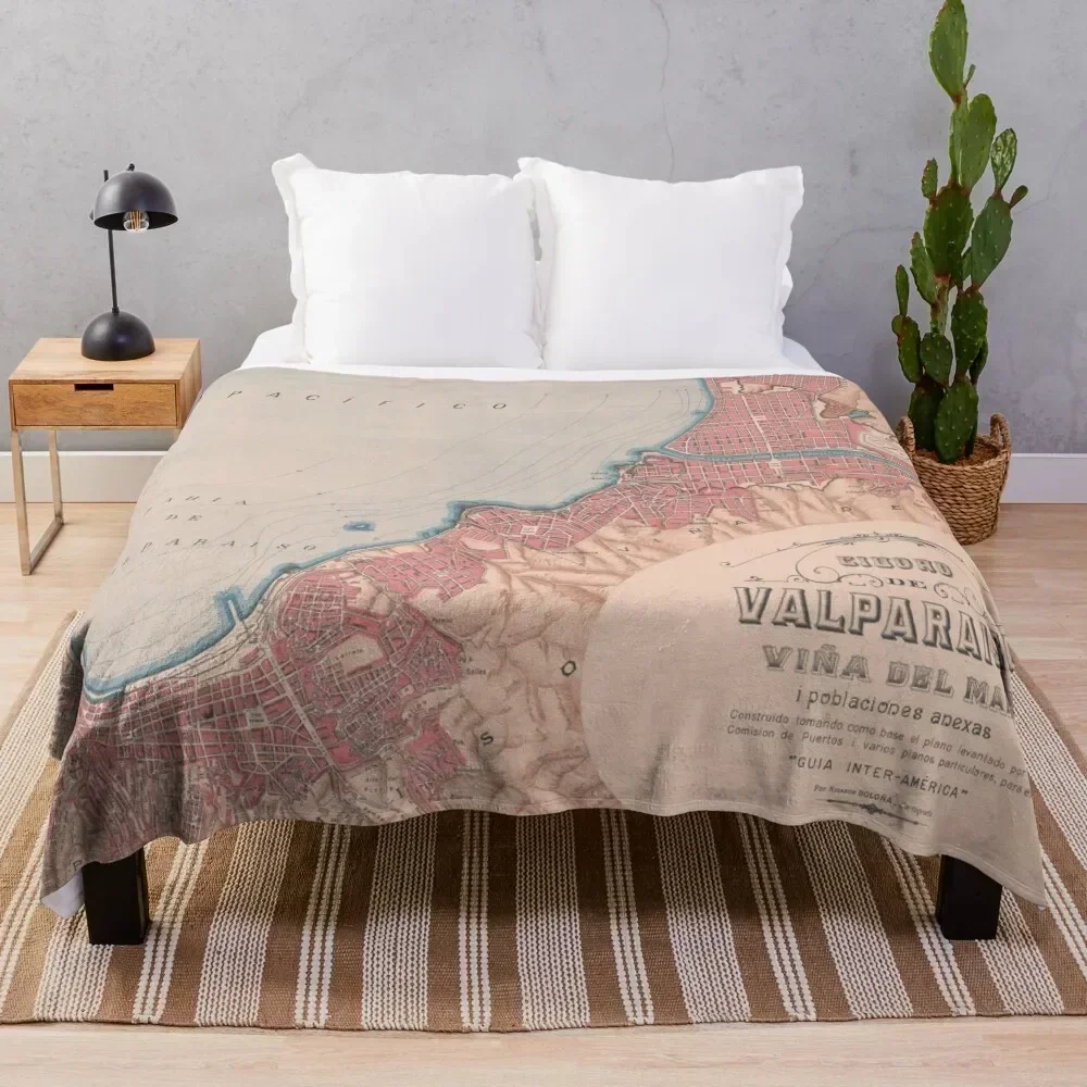 Vintage Map of Valparaiso Chile (1895) Throw Blanket Cozy Napping Blanket Gift for Mom Dad