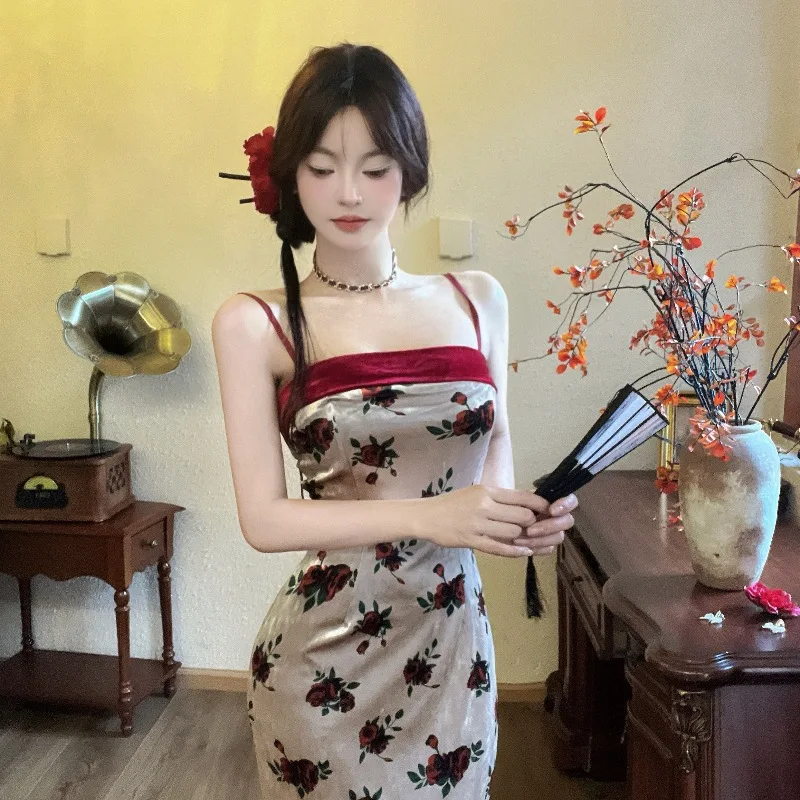 New Chinese Sle Sexy Print Gold Velvet Patchwork Strapl Bodycon Dr Slimming Fit Commute Wind Autumn Season ex