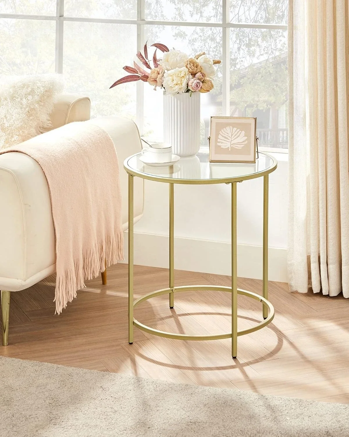 

Round Side Table, Glass End Table with Metal Frame, Gold Coffee Table with Modern Style, for Living Room, Balcony, Gold Color