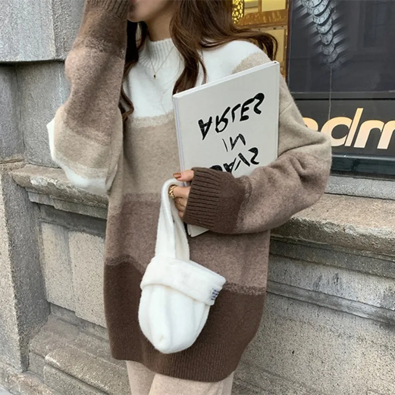 

2025 Autumn/winter Gradient Color Sweater Women's Casual Loose Soft Knitted Pullover Korean Style Long Sleeved O-neck Sweater
