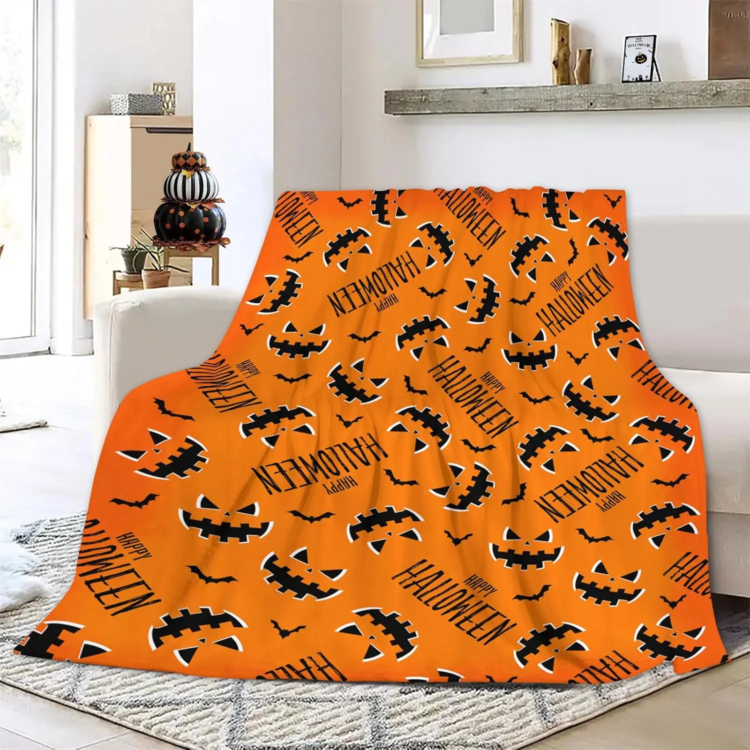 Luxury Halloween Throw Blanket - Cozy Pumpkin Ghost Spider Web Print, Ultra Soft Flannel Plush Blanket for Couch, Sofa & Bed, Lightweight Warm Fall Decor, 40x30 Inches