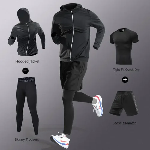 Imagen 2 del producto Conjunto completo de chándal para correr y Fitness de secado rápido de fibra de hielo para hombre, 3-5 uds., para maratón, entrenamiento, ciclismo, trotar, gimnasio, pantalones de chándal
