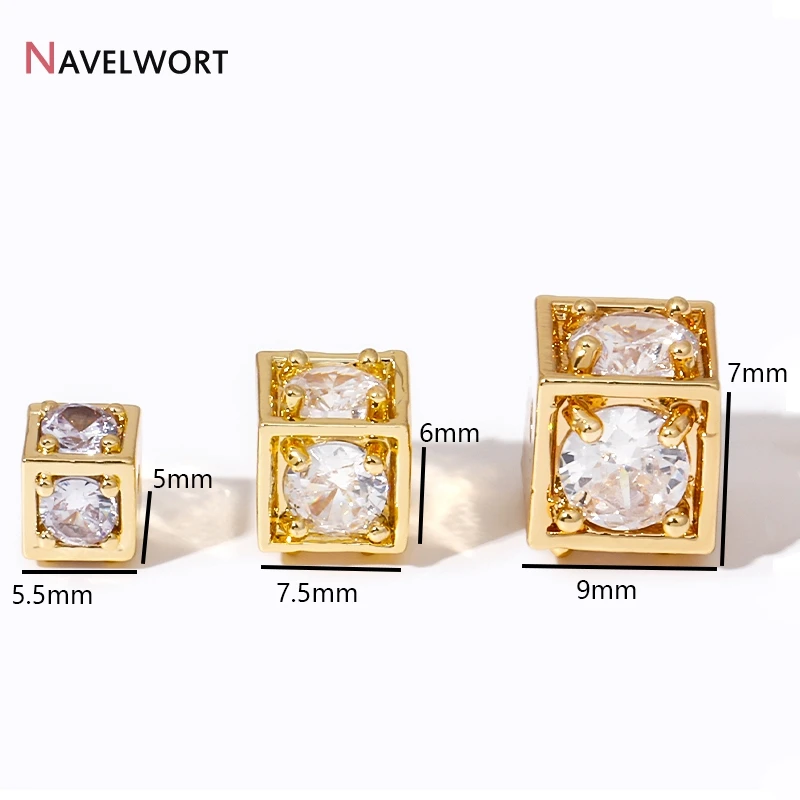 3 Sizes Metal Cube Beads 18K Gold Plated Cube Beads,Cubic Zirconia Spacer Beads For DIY Bracelet Necklace Making Accessories