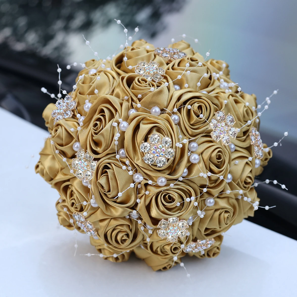 Wedding Light Gold Bride Handmade Rose bouquet Luxury  Romantic Pearls Crystal Hand bouquet Bridesmaids bouquet Gift W809C