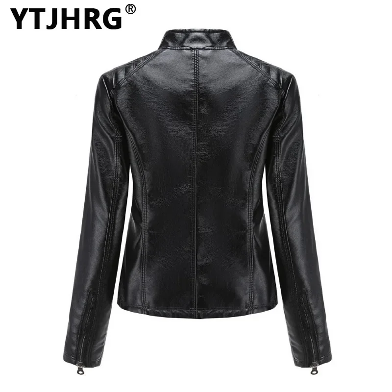 YTJHRG Women\'s Jackets Motor Biker Coat Fashion Female Clothing Long Sleeve Spring Autumn Winter Stand Collar PU Leather Outwear