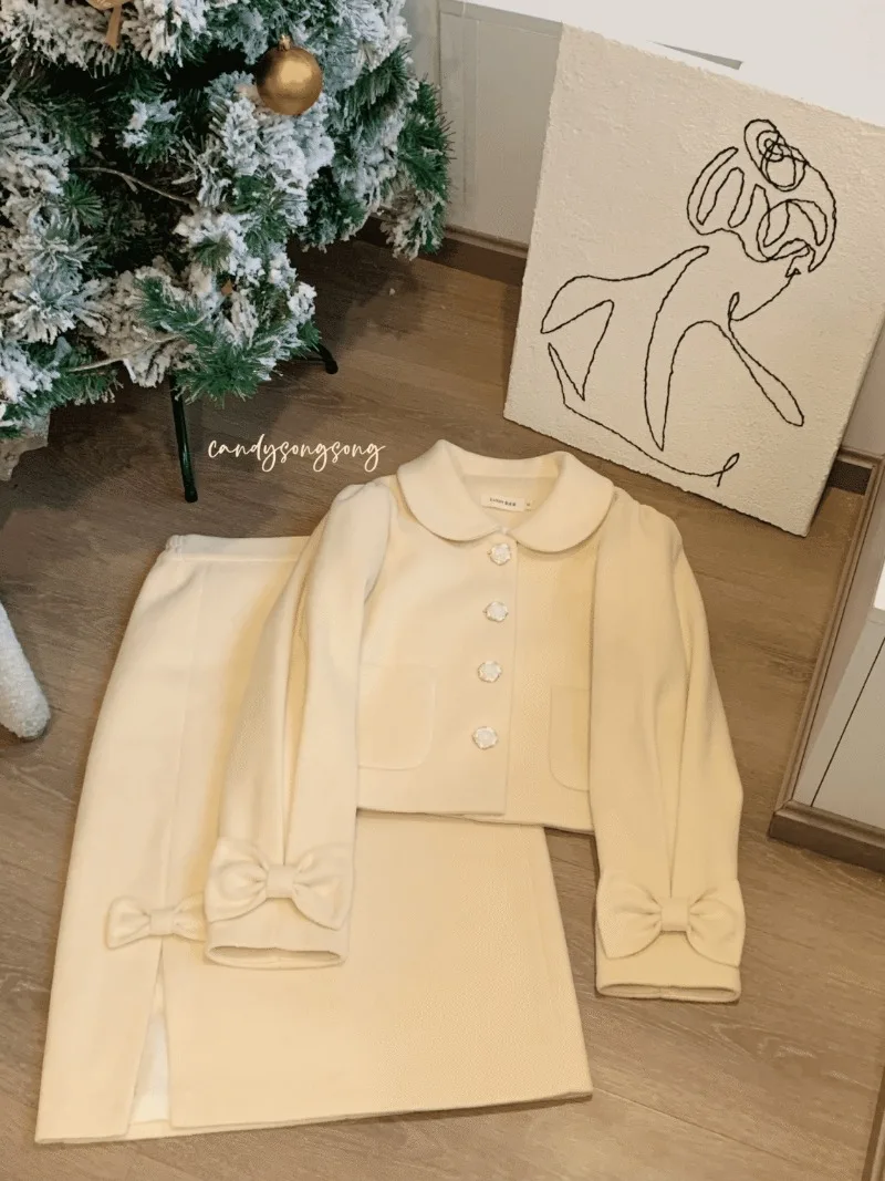 Sweet Short Jackets Women French Cute Peter Pan Collar Bow Long Sleeve Coats Autumn Winter Preppy Style All Match Tops