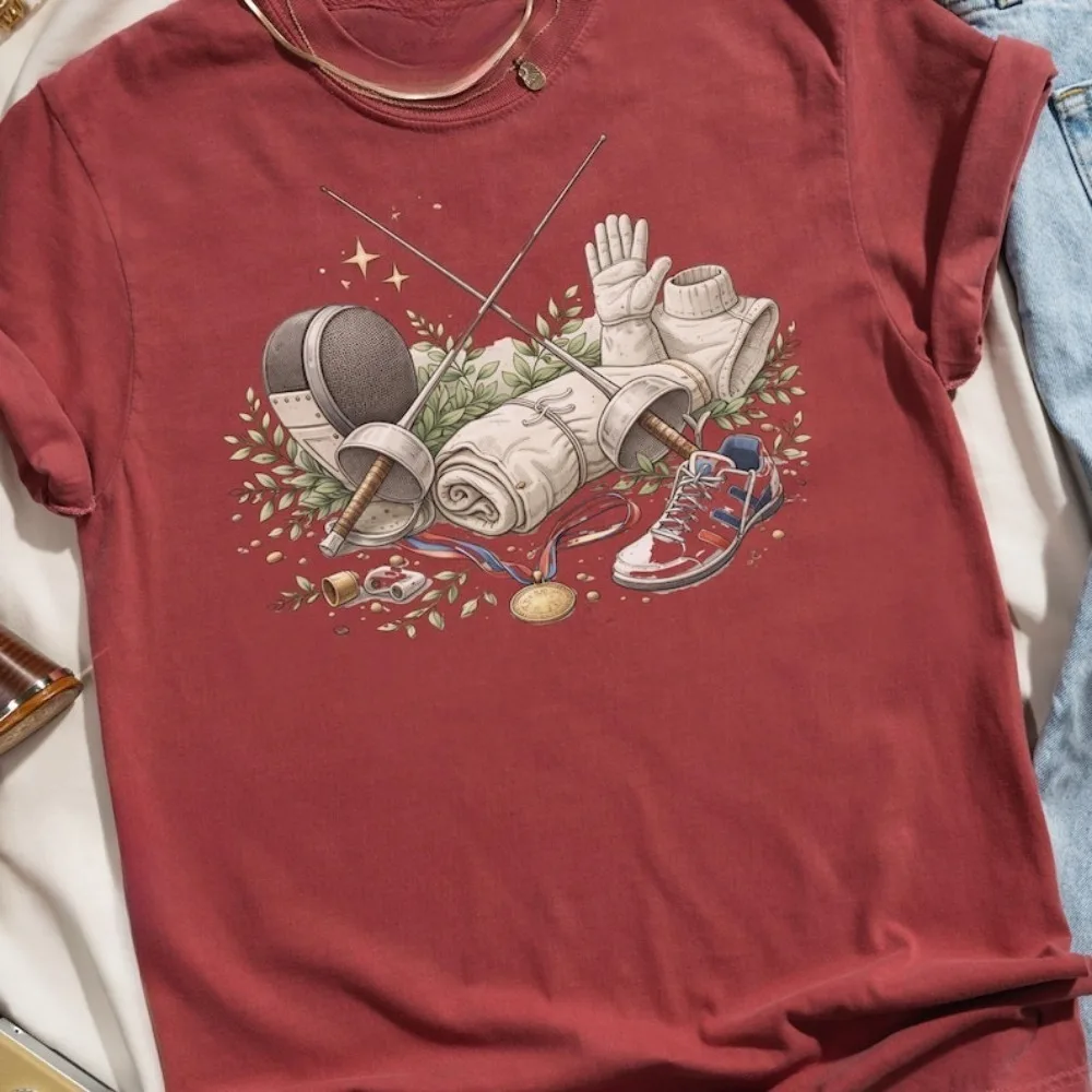 Fencing Sport Gear T-Shirt Women Clothes Vintage Fencer Athlete Gift Epee Foil Sabre Equipment Tee Medal Victory Outfit