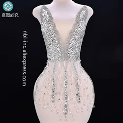 (1PC) Luxury silver hand sewn rhinestone bodice applique crystal glass patch sew on for wedding dress party prom WDD1401