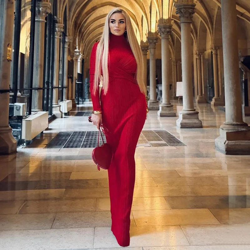 

Women Spring Fashion Elegant Neck Long Sleeve Bandage Dress