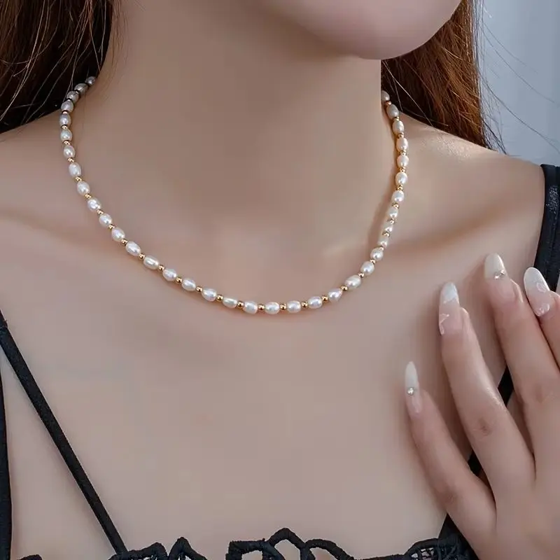 

Dainashi 6-7mm Rice Shape Freshwater Cultured Pearl Necklaces 14K Gold 40cm+5cm Adjustable Necklace for Women Handmade Jewelry