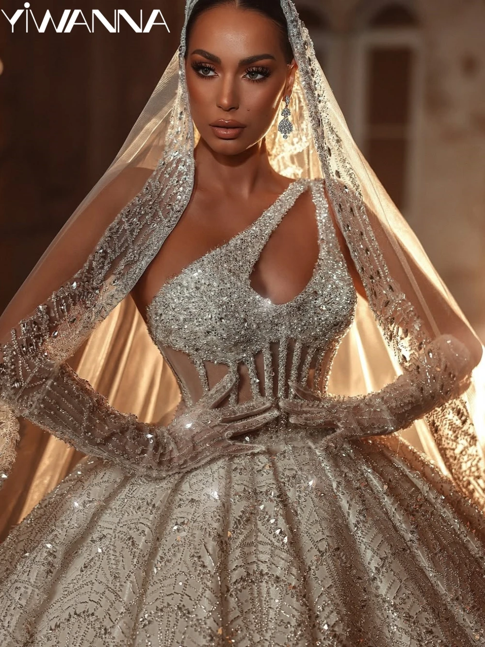 Elegant Beaded One Shoulder Wedding Dress With Train Luxurious Shiny Bridal Gown Customized Ball Gowns Long Dresses For Bride