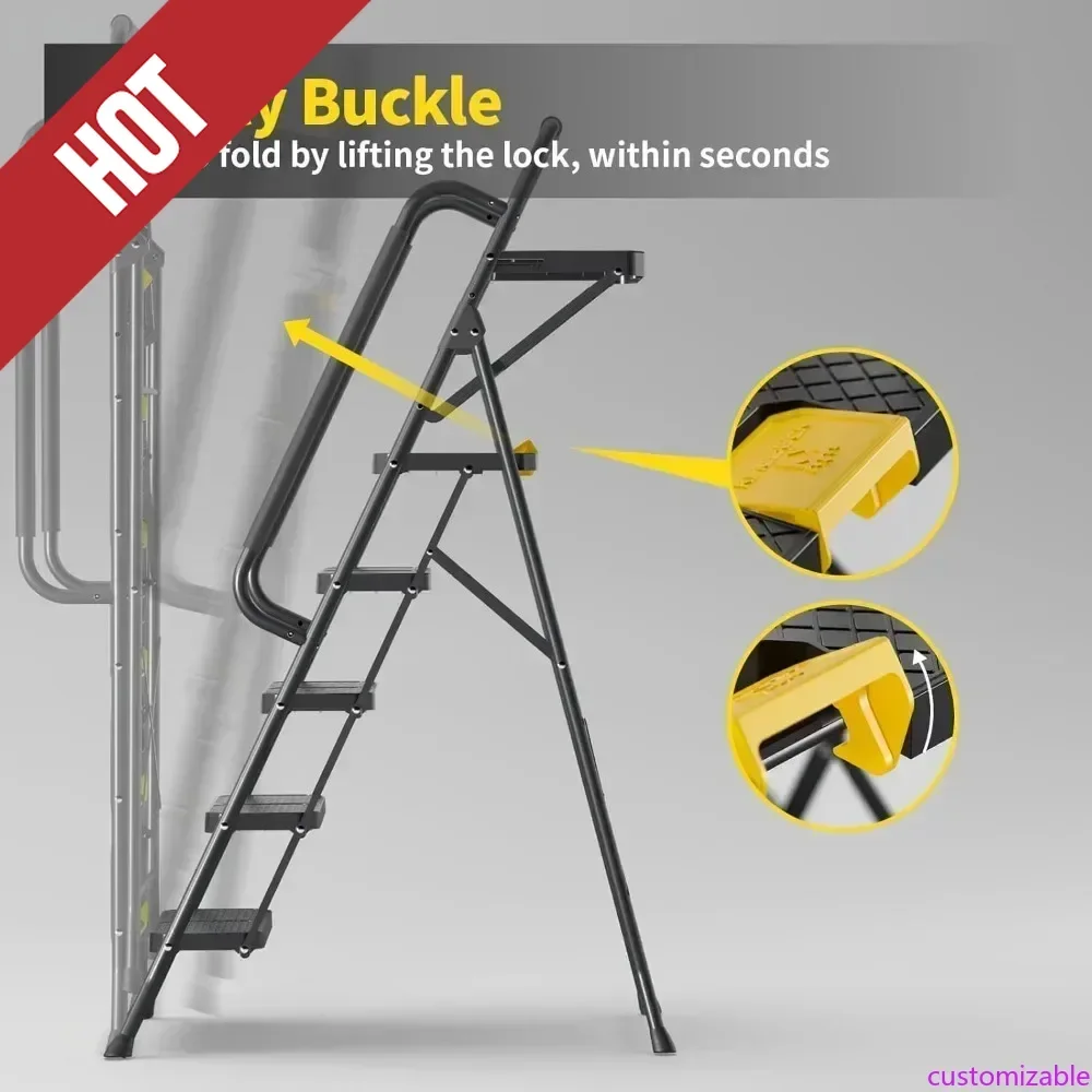 سلم قابل للتخصيص بـ 5 درجات مع منصة أدوات، مقعد قابل للطي مع درابزين، سلم فولاذي قوي بدواسة واسعة، 800 رطل P
