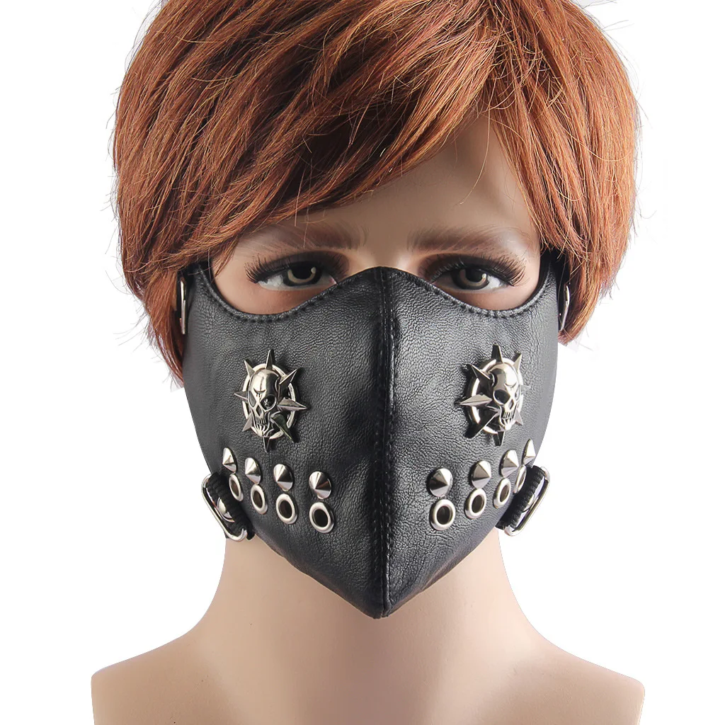 ผู้ชายผู้หญิงสีดํา PU หนัง Skull Rivet Punk Rock หน้ากาก Lady's Breathable Party คอสเพลย์ฮาโลวีนปาก-muffle R3365