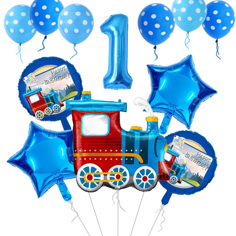 11pcs Train Traffic Foil Balloons Blue Steam Train Star Helium Ballon Kids Baby Shower 1-9 Year Birthday Party Decoration Globos