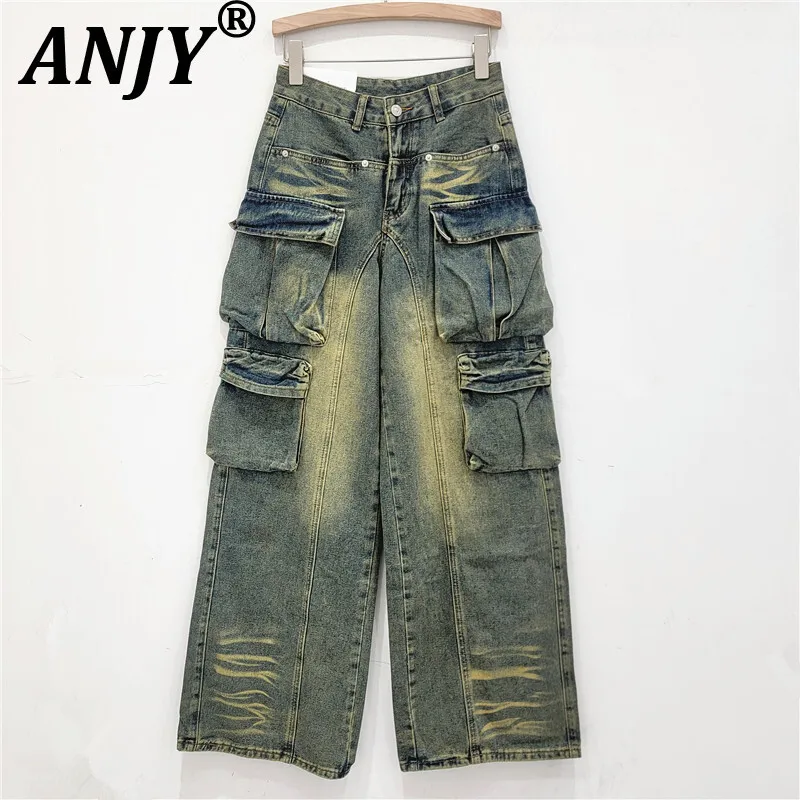 

ANJY Autumn New Women Chic Jeans Multi-pocket Washed Vintage Distressed Hip Hop Streetwear Safari Style Casual Denim Pants A8768