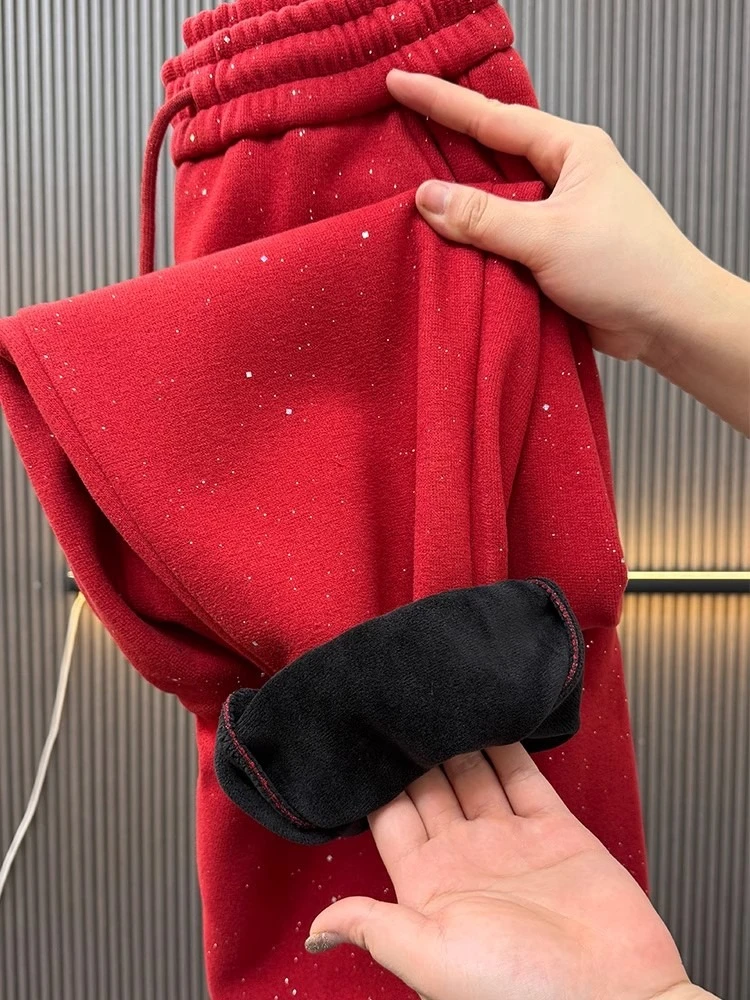 レッドフリース裏地スウェットパンツレディースファッションY2kファインフラッシュハイウエストハーランパンツ冬ルーズ厚く暖かいクロップドパンツ