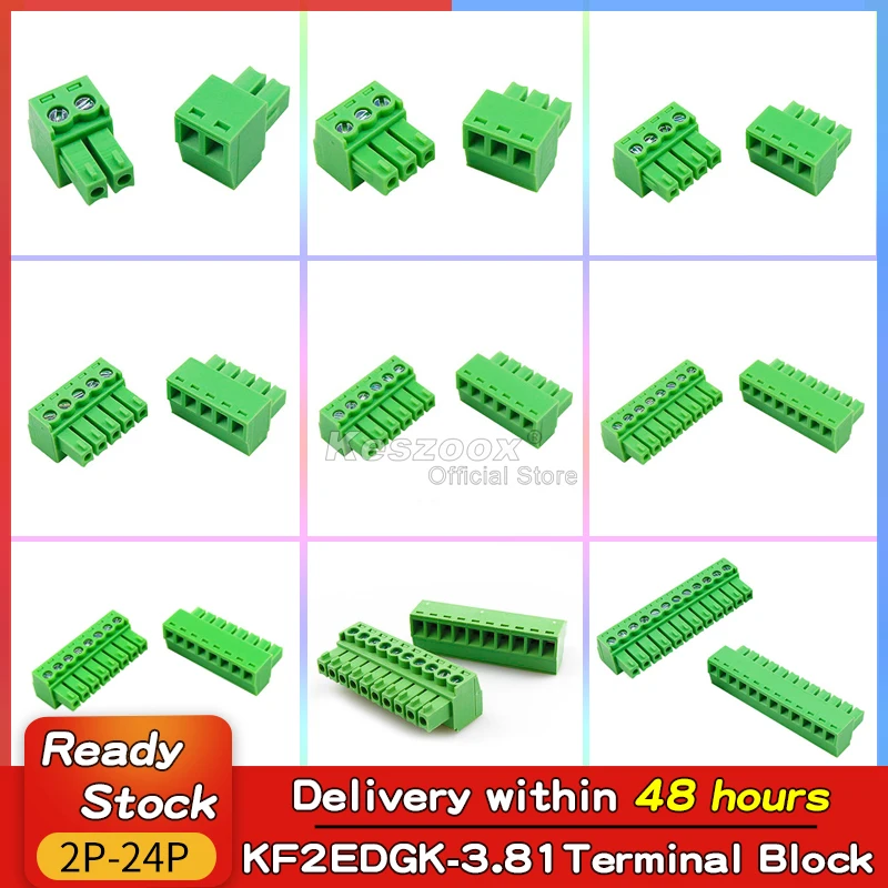 Keszoox 2edgk 3.81mm Green Phoenix Connector 2/3/4/5/6/7/8/9/10/12/16/20/24Pin Block PCB Screw Plug Header Socket Degson