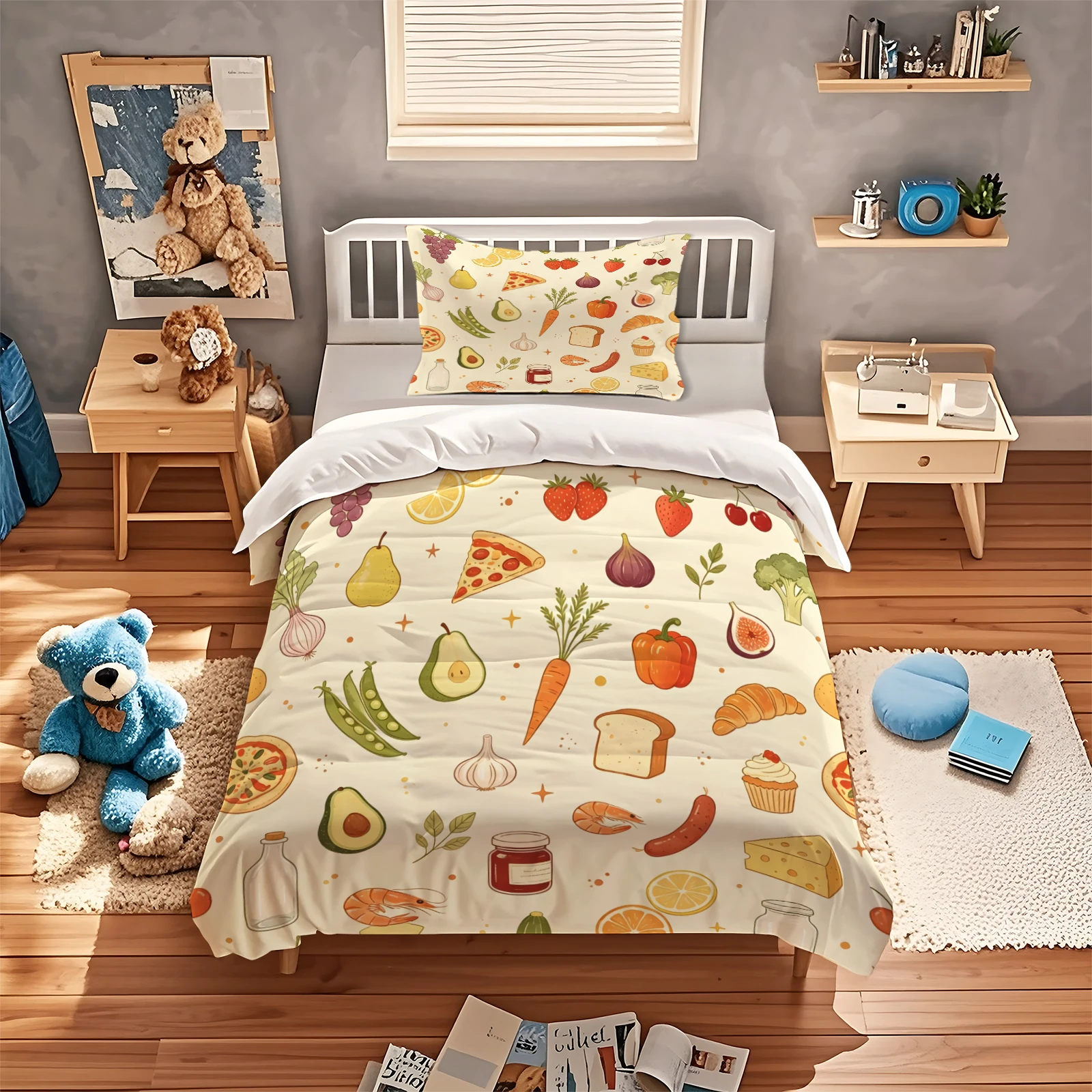 Cartoon Food Fruit Vegetable Duvet Cover Set Pizza Avocado Carrot Bread Print Bedding Set Ultra-soft Quilt Cover With Pillowcase