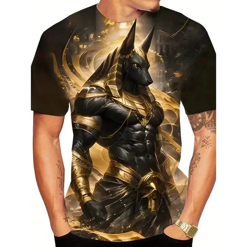 Anubis T Shirt Men 3D Print Black Gold Short Sleeve Round Neck Casual Mythology Top Daily Wear Fashion Streetwear Clothing