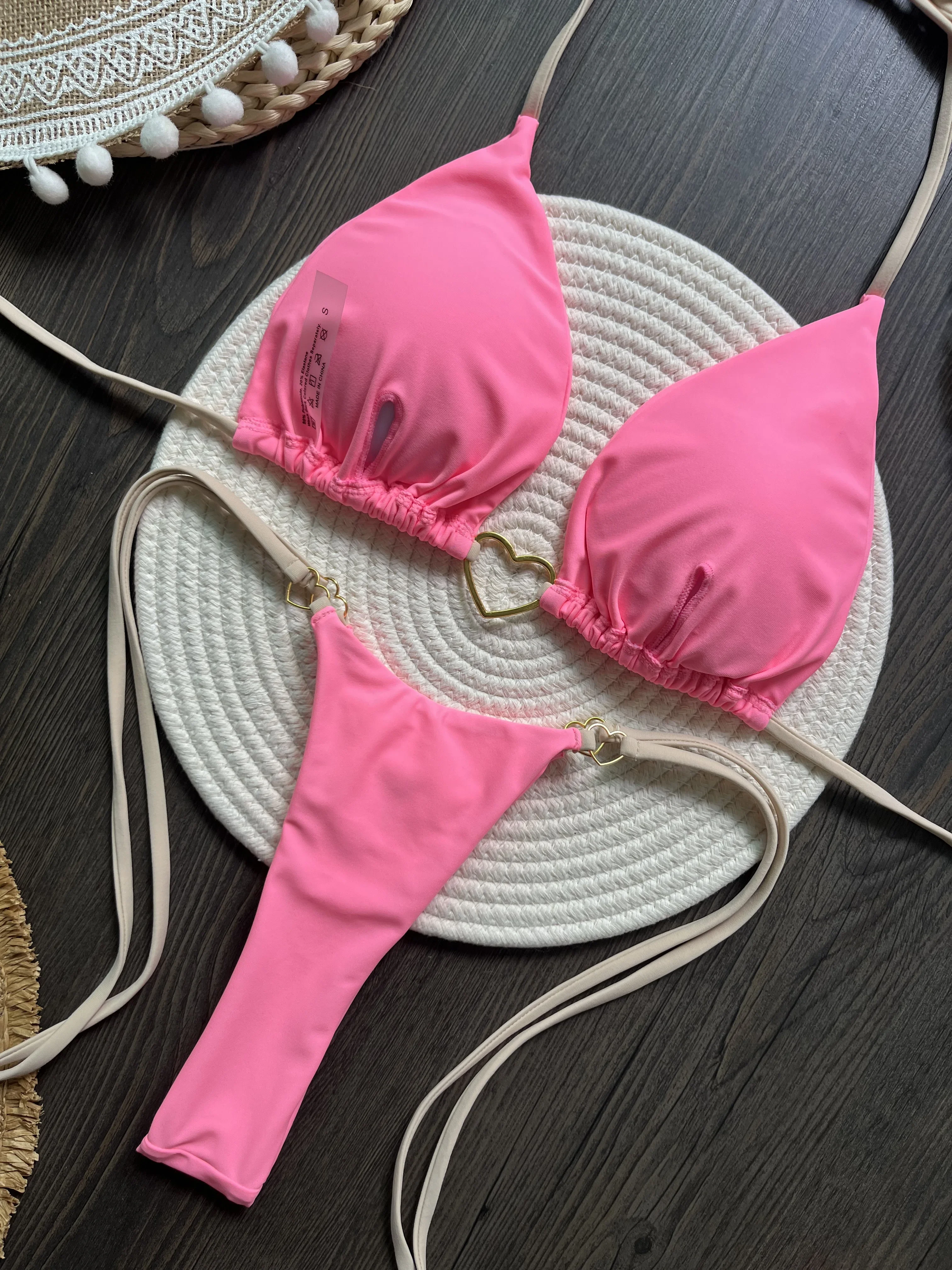 Maiô feminino sexy sólido maiô coração anel de metal conjunto de biquíni com cordão de duas peças beach wear rendas até biquinis divididos