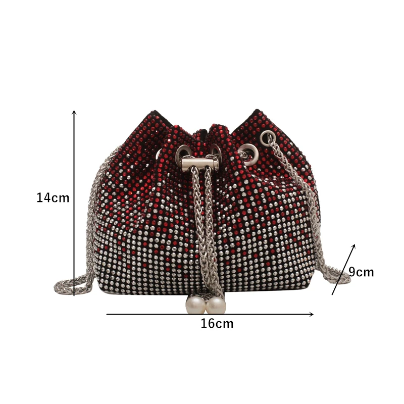 Women Fashion Drawstring Bucket Shoulder Bags Luxury Rhinestone Evening Party Chain Crossbody Pouch Female Small Purse Handbags