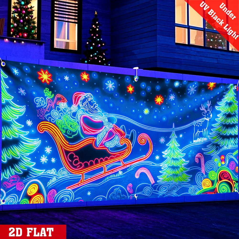 2D Flat, Tapestry 2D Door Banner 2D Flat, 1pc UV Fluorescent Christmas Garage Door Banner- Luminous Santa Claus And Sleigh Desig