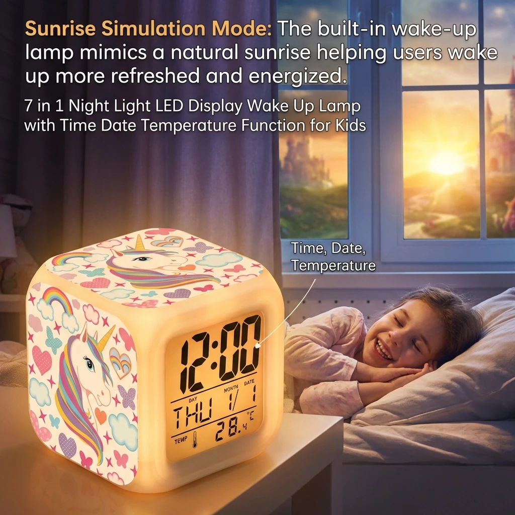 Kids Alarm Clock 7 in 1 LED Night Light with Wake Up Function Display Time Date Temperature USB Powered Color Changing Lamp