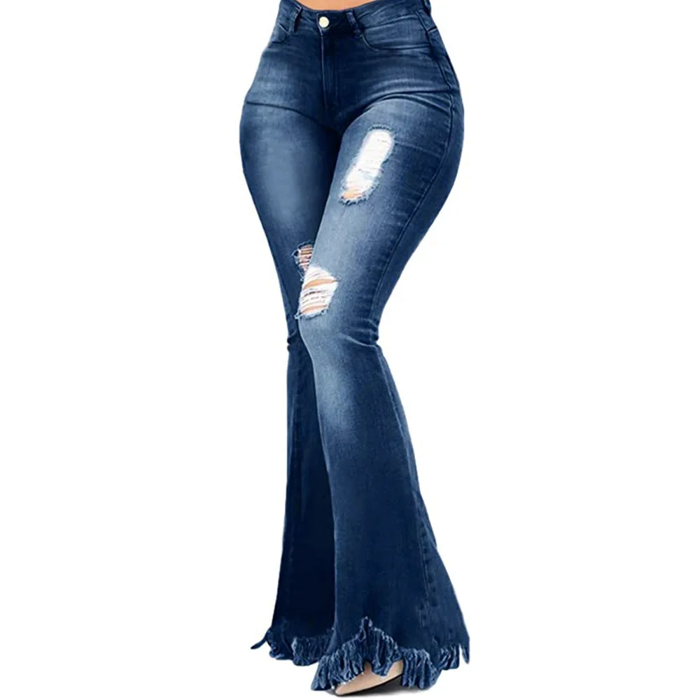 

Fashion Versatile Slim-fit Wide-Leg Washed Ripped Denim Flared Pants jeans woman