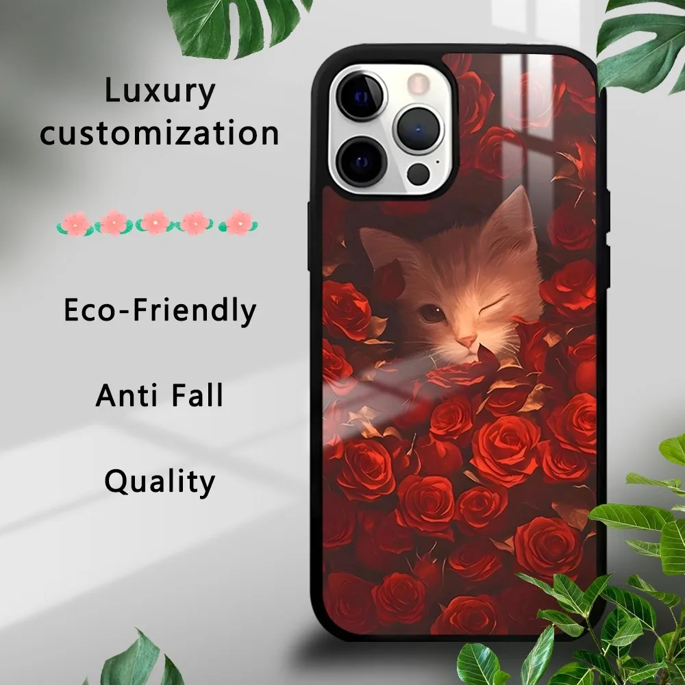 

Luxury Cute cat in Rose Garden Phone Case For iPhone 16 15 14 13 12 11 Pro Xs Max Mini Plus Celulares Hard Funda