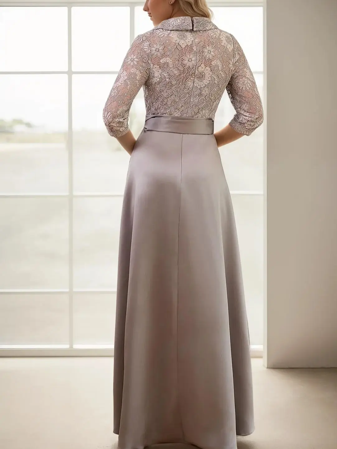 فستان سهرة أنيق عتيق على شكل حرف a إيطاليا من الساتان والدانتيل طول الأرض ياقة قميص 3/4 كم فيونكة مطرزة 2025 مخصص مجاني