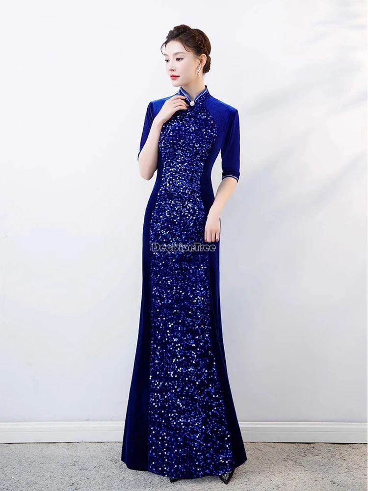 2025 new chinese improved women cheongsam long velvet dress elegant chinese half sleeve stand collar slim party qipao dress w208