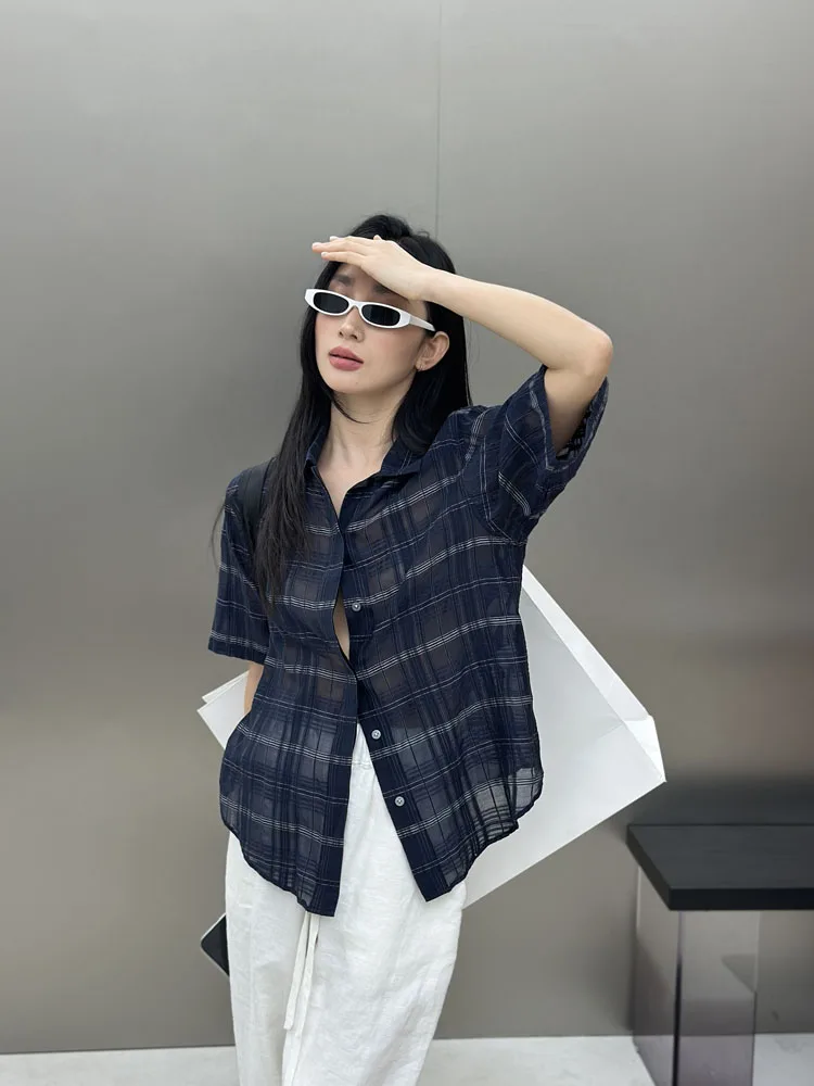 

Рубашка BodhlCat из смесового шелка и хлопка в клетку, повседневная, с отложным воротником, на пуговицах, свободного кроя, с коротким рукавом, в уличном стиле, летняя новинка