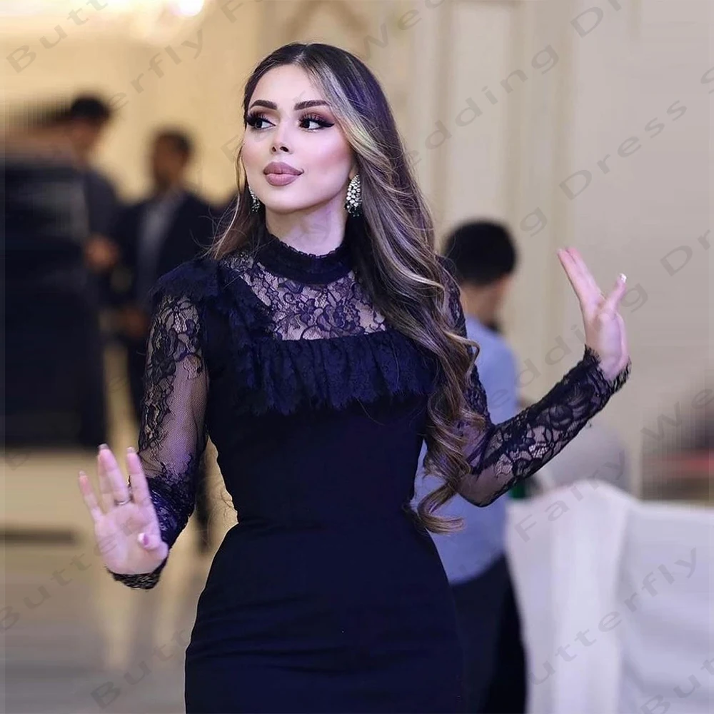 Fascinating Lace Applique Evening Dresses Gorgeous Satin Beautiful Round Neck Long Sleeves New Prom Gowns For Women Custom Made