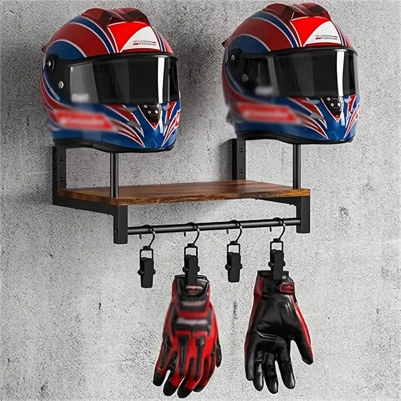

Motorcycle Helmet Rack Wall Mount with 4 Adjustable Hooks Wooden Shelf for Helmet Storage Display Jacket Glove Hanger