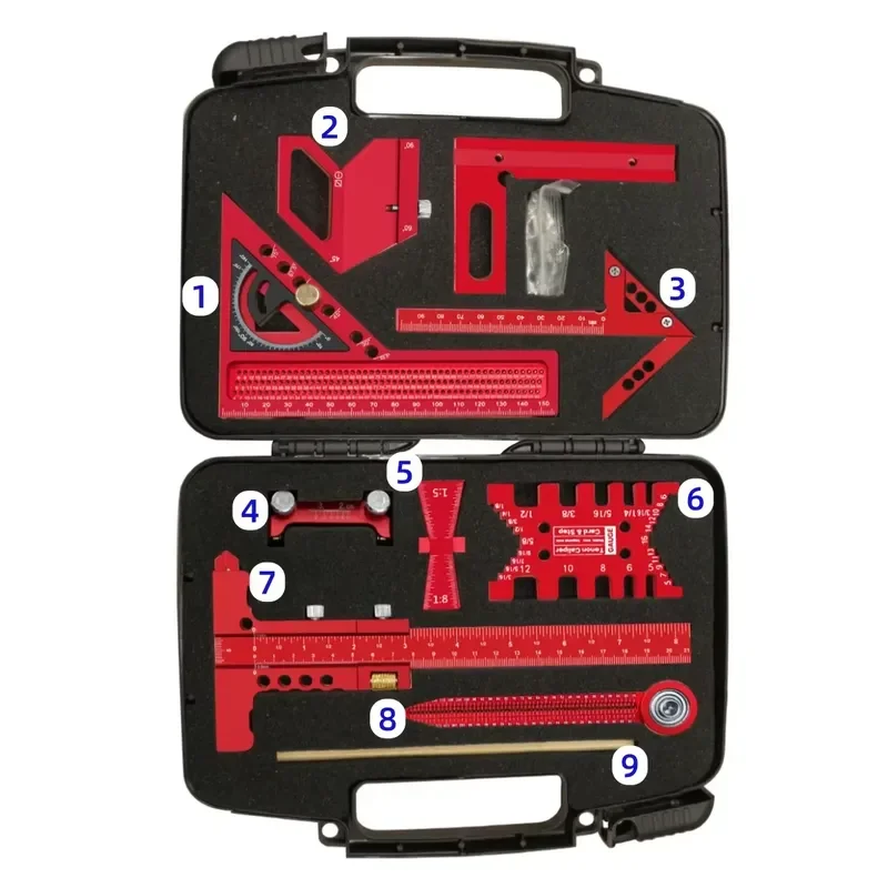 9Pcs Woodworking Square Kit with Box, Aluminum Scribeing Ruler,Center Finder,Circular Drawing Compass,Honing Guide,Height