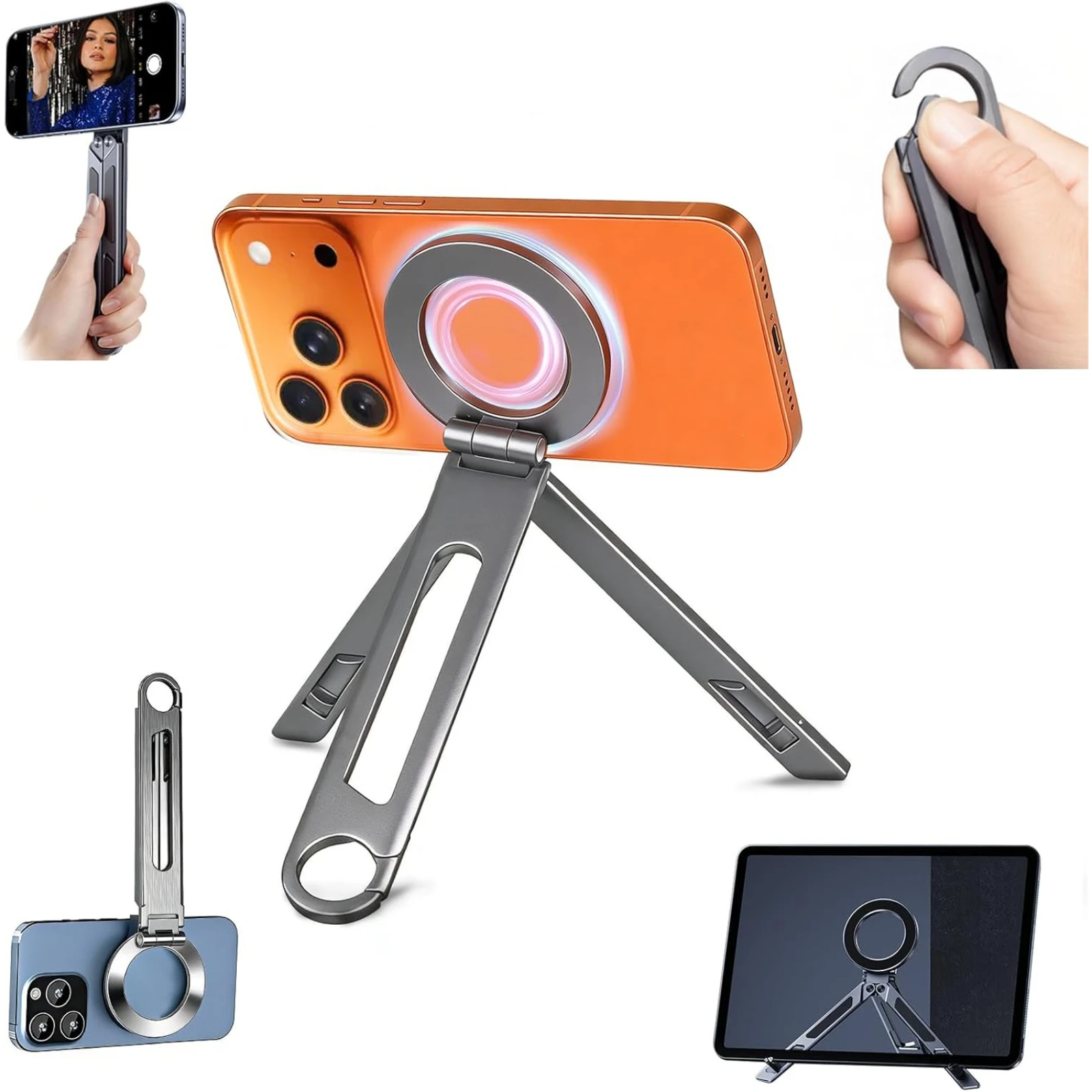 Magnetic Tripod 2 in 1 Portable Phone Stand with Carabiner Tablet Holder Stand Compatible with MagSafe Phones/Tablets