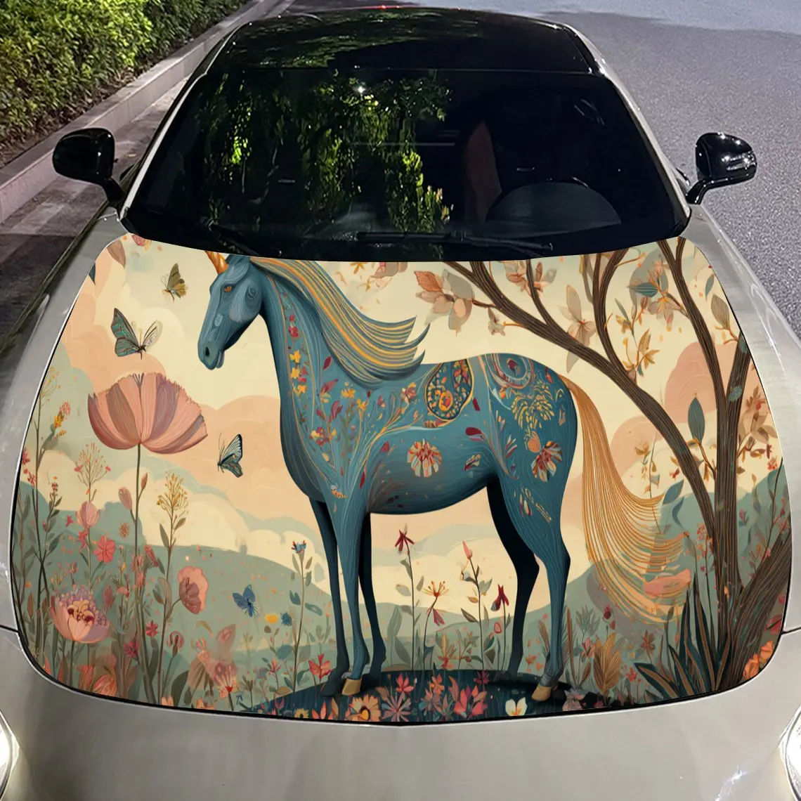 ملصقات غطاء السيارة الفنية على شكل حصان زهري - لفافة فينيل ذاتية اللصق ومقاومة للماء ومتينة، تزيين وتحمي سيارتك، تناسب F